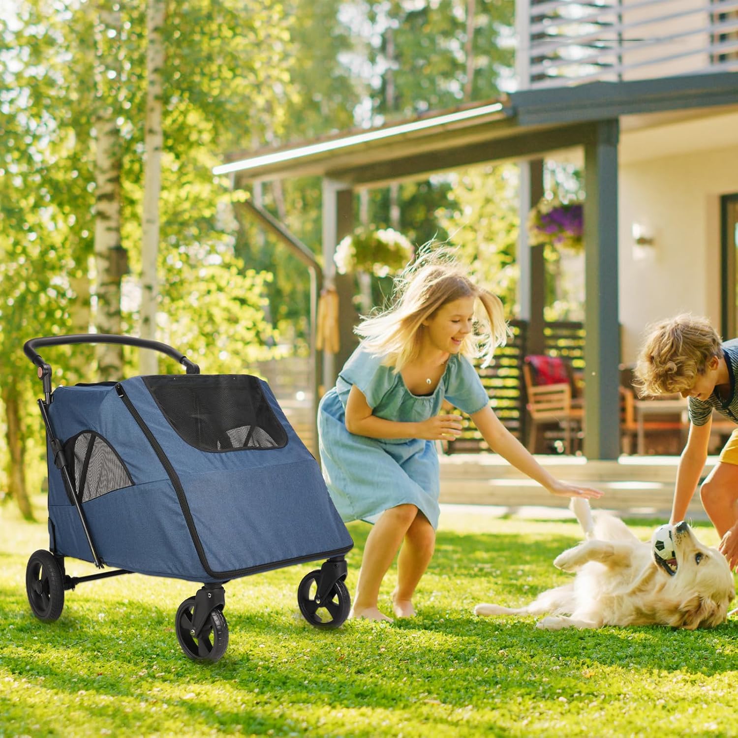 Large Dog Travel Stroller with 4 Heavy Duty Wheels Pet Stroller with Adjustable Handle - Double Doggie Capacity Jogger Wagon with Back Front Door for Small Medium Large Dogs (Navy-C) - Pawvie