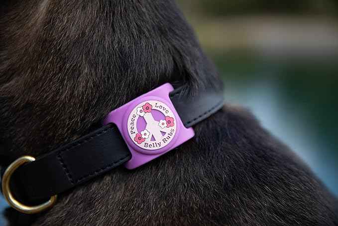 Two Tails Peace, Love, Belly Rubs Dog Collar Holder Compatible with Apple AirTag, Durable Silicone Slide-On Case for Pets, Secure Tracker Cover, Easy to Clean