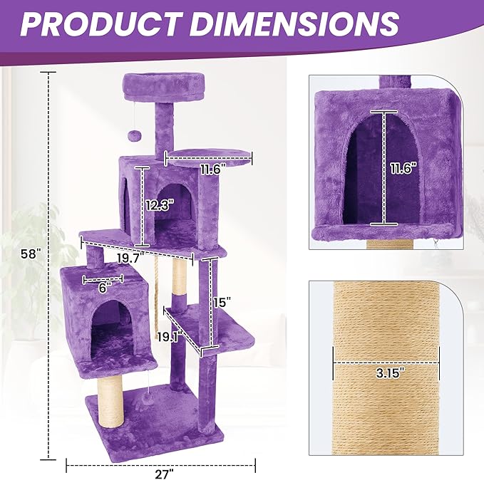 58in Large Cat Tree Tower for Indoor Cats with Soft Plush Hang Ball, Two Condos, Sisal Scratch Posts & Rope Play for Kittens/Adult Cats, Purple