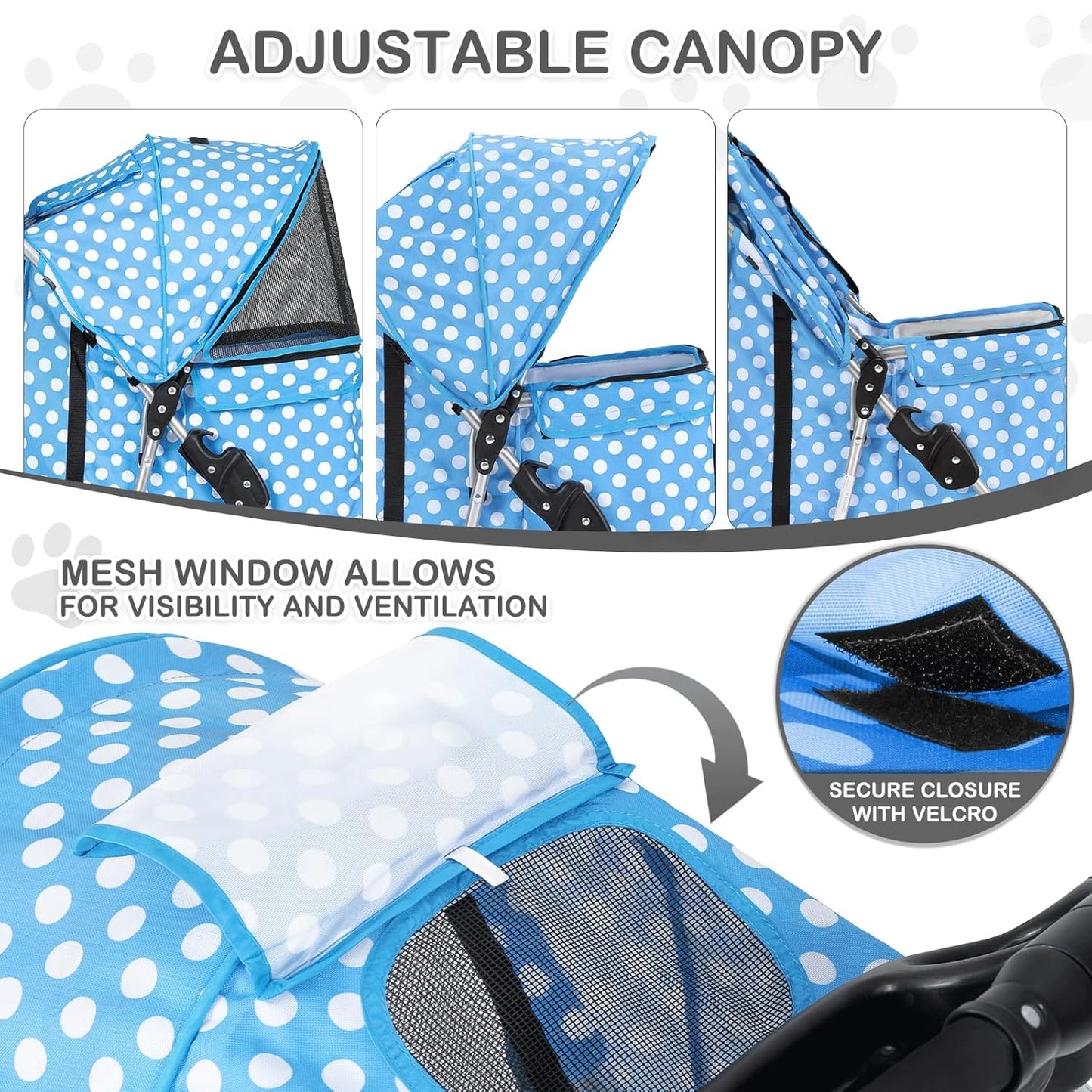 MoNiBloom 3 Wheels Pet Dog Cat Stroller for Small Medium Dogs Cats, Foldable Jogger Stroller w/Storage Basket and Cup Holder, Sky Blue Polka Dots - Pawvie