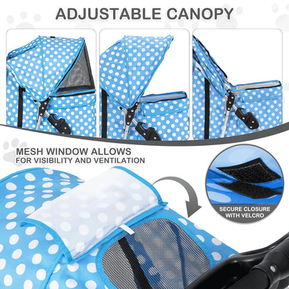MoNiBloom 3 Wheels Pet Dog Cat Stroller for Small Medium Dogs Cats, Foldable Jogger Stroller w/Storage Basket and Cup Holder, Sky Blue Polka Dots - Pawvie