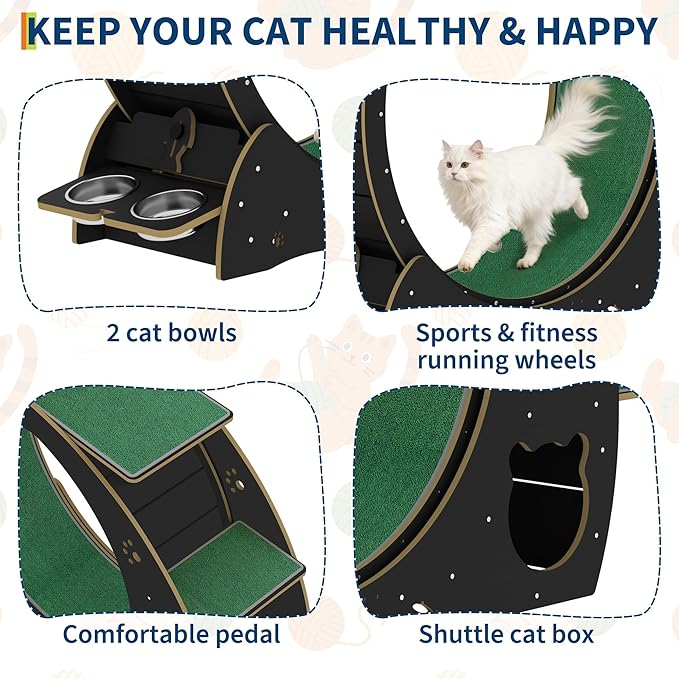 Cat Running Wheel for Indoor Cats, Large 6-in-1 Cat Treadmill with Bowls, Scratch Post & Resting House, Quiet Cats Wheel Exerciser for Kitty Fitness Black