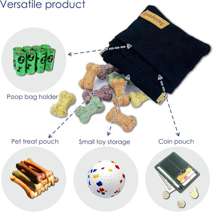 Dog Treat Pouch, Black Pocket Sized Pet Training Pouch, Cotton Fabric, Hand Free Dog Walking Bag with Carabiner, Self-Closing Pet Feed Snack Reward, for Pet Puppy Travel or Outdoor Use