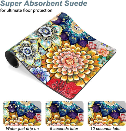 Rnivvi Dog Food Mat, 12" x 19" Flower Absorbent Dog Cat Bowl Mat for Food and Water, Cute Anti-Slip Rubber Pet Feeding Rug Protect Floors, Puppy Placemat for Feeding & Watering Supplies,Mandala Floral