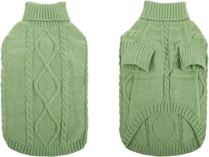 Queenmore Small Dog Pullover Sweater, Cold Weather Cable Knitwear, Classic Turtleneck Thick Warm Clothes for Chihuahua, Bulldog, Dachshund, Pug, Yorkie (Green, X-Large)