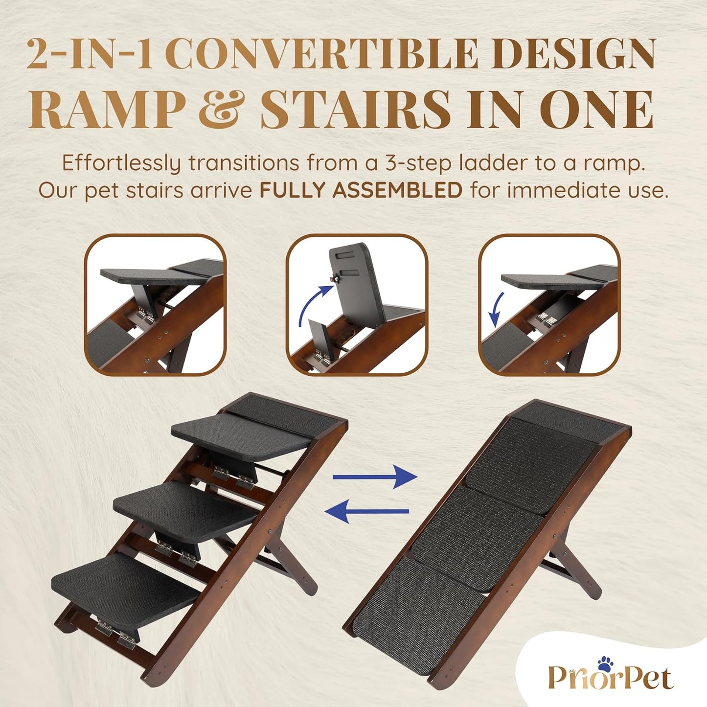 Dog Steps for Bed & Couch 2-in-1 Dog Stairs/Ramp - Height Adjustable Dog Ramp for Couch 7” - 20” - Pet Stairs, Dog Stairs for Small Dogs - Easy to Move Pet Steps with Landing Platform, Walnut - Pawvie