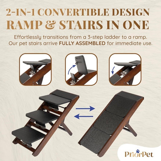 Dog Steps for Bed & Couch 2-in-1 Dog Stairs/Ramp - Height Adjustable Dog Ramp for Couch 7” - 20” - Pet Stairs, Dog Stairs for Small Dogs - Easy to Move Pet Steps with Landing Platform, Walnut - Pawvie