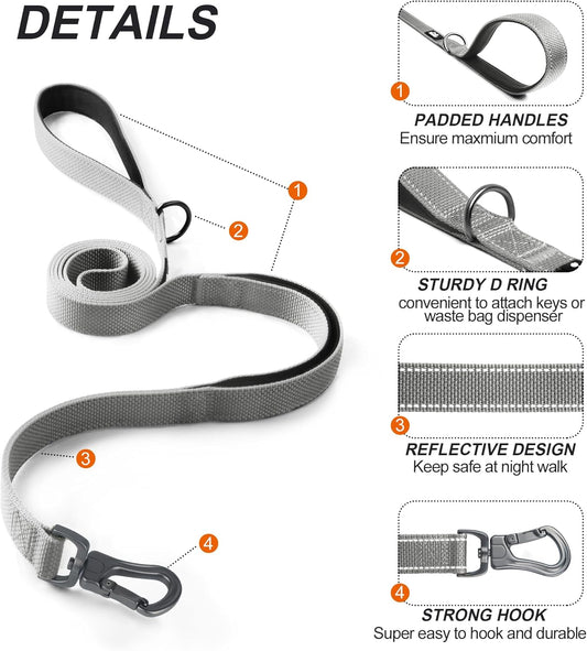 TwoEar 5FT 1IN Strong Gray Dog Leash with 2 Padded Handles, Traffic Handle Extra Control, Comfortable Soft Dual Handle, Auto Lock Hook, Reflective Walking Lead for Small Medium and Large Dogs