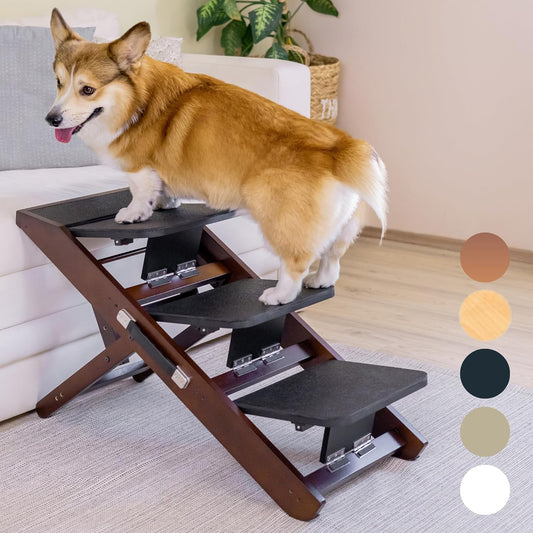 Dog Steps for Bed & Couch 2-in-1 Dog Stairs/Ramp - Height Adjustable Dog Ramp for Couch 7” - 20” - Pet Stairs, Dog Stairs for Small Dogs - Easy to Move Pet Steps with Landing Platform, Walnut - Pawvie