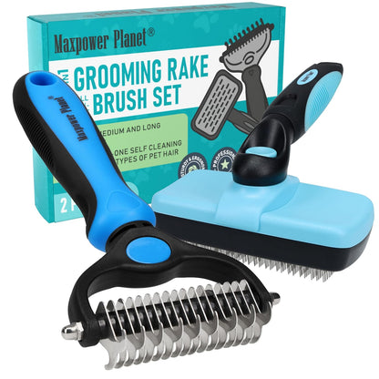 Maxpower Planet Dog Rake and Dog Hair Brush - Gently Removes Loose Undercoat, Mats and Tangled - Deshedding Grooming Tool for Dogs & Cats - Self Cleaning Slicker Brush - All Hair Types