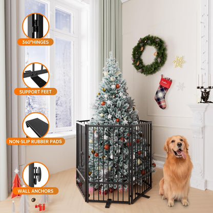 Full Metal Freestanding Dog Gate with Door, 36''Height Foldable Pet Dog Fence for Indoor & Outdoor, 6 Panels Extra Wide Free Standing TallDog Gates for Doorways,House,Stairs,Porch,Deck,Yard