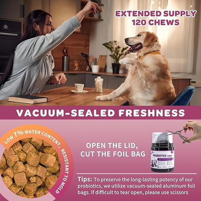 NATURE TARGET Probiotics for Dogs & Digestive Enzymes for Digestive Health - Plus Fish Oil & Vitamins Supplement for Allergies & Immune & Itchy Skin, 120 Chicken Flavor Probiotic Soft Chews