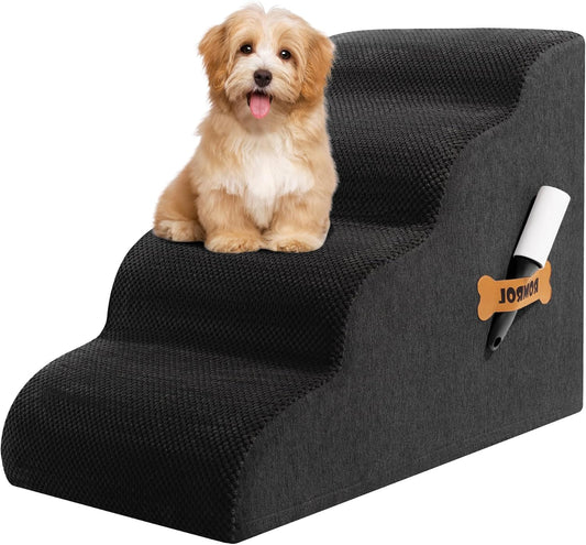 Dog Stairs, Romrol Dog Steps Ramp for High Bed and Couch, Dogs Ramp with Durable Non-Slip Waterproof Fabric Cover, Pet Stairs for Small Dogs and Cats or Pets Joints, 4-TiersBlack - Pawvie