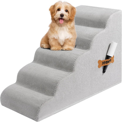 Dog Stairs, Romrol Dog Steps Ramp for High Bed and Couch, Dogs Ramp with Durable Non-Slip Waterproof Fabric Cover, Pet Stairs for Small Dogs and Cats or Pets Joints, 4-TiersLight Grey - Pawvie