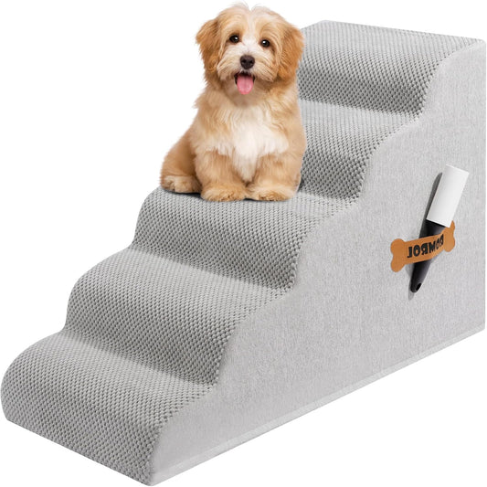 Dog Stairs, Romrol Dog Steps Ramp for High Bed and Couch, Dogs Ramp with Durable Non-Slip Waterproof Fabric Cover, Pet Stairs for Small Dogs and Cats or Pets Joints, 4-TiersLight Grey - Pawvie