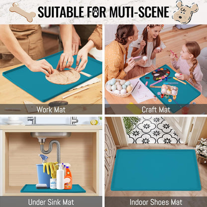 MateeyLife Dog & Cat Food Water Mat for Floors Waterproof, Nonslip Pets Bowl Feeding Mats with Raised Edges, Silicone Matt Tray for Messy Drinkers, 22"x14", Teal