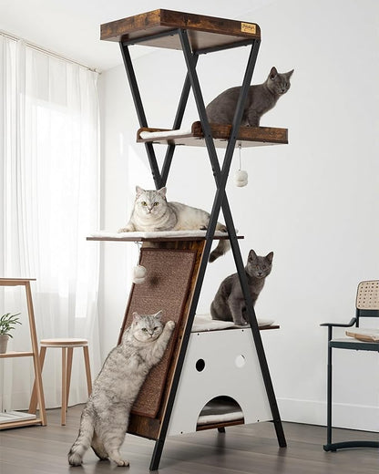 Modern Wood Cat Tree Tower for Indoor Cats Large Adult - 67 Inch Tall Multi-Level Heavy Duty Cat Condo Trees Furniture with Caves Perch Bed Scratching Board - XL Big Sturdy Wooden Kitty House