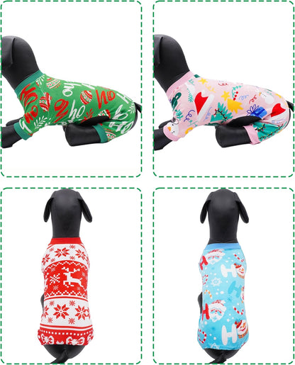 PET SHOW 4 Pack Small Dog Christmas Pajamas Holiday Dog Clothes for Medium Dogs Girl Boy Soft Stretchy PJs Xmas Jumpsuit Puppy Cats Onesies Red Green Outfits with Sleeve Pets Dachshund Costume M