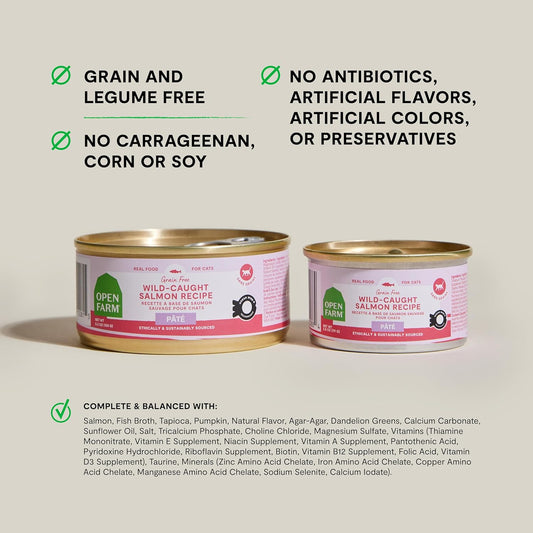 Open Farm Canned Cat Food, Paté for Complete & Balanced Nutrition, Grain-Free and Legume-Free Wet Cat Food, Salmon Recipe, 5.3oz Cans (Case of 12)