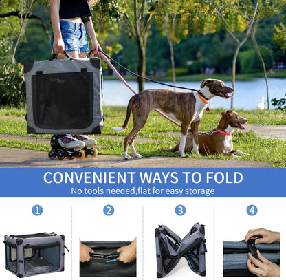 NEZUC Soft Collapsible Dog Crate - 30 Inch Portable Soft Sided Travel Dog Crates for Medium Dogs, 4-Door Foldable Dog Carrier, Pet Kennel Indoor & Outdoor (Gray, 30.0" L x 20" W x 20.0" H)