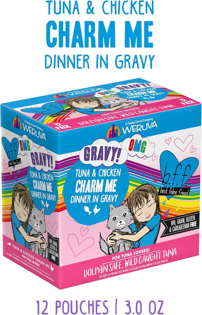 Weruva B.F.F. OMG - Best Feline Friend Oh My Gravy! Tuna & Chicken Charm Me with Tuna & Chicken in Gravy Cat Food, 3oz Pouch (Pack of 12)