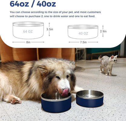 Dog Bowl, Stainless Steel Dog Food and Water Bowl with Non Slip Quiet Bottom, Easy to Clean, Dishwasher Safe, 64oz, Blue