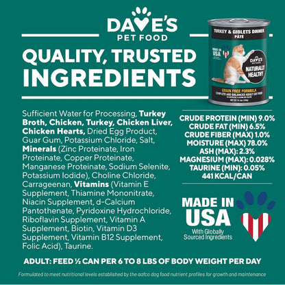 Dave's Pet Food Grain Free Canned Cat Food (Turkey & Giblets Pate), Made in USA Naturally Healthy Canned, Canned Pate, 12.5 oz Cans (12 Pack)
