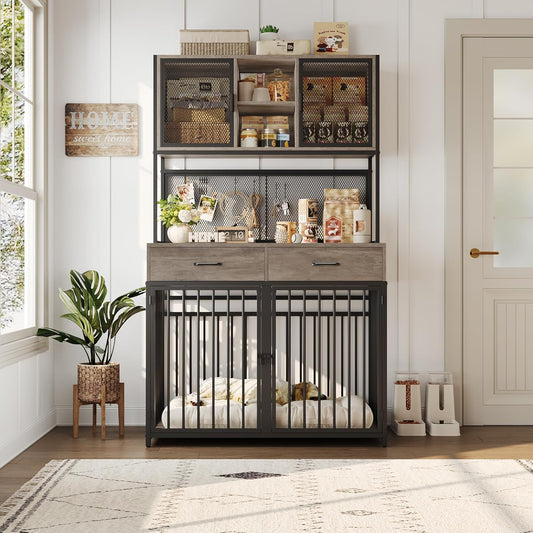 HITHOS 71" Tall Dog Crate Furniture, Indoor Dog Kennel with Hutch, 42" W Dog Cage for Large/Medium Dogs, Wood Dog Crates with 2 Storage Drawers, Heavy Duty Pet House, Ash Grey