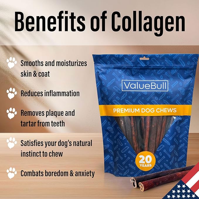 ValueBull USA Collagen Sticks for Dogs, 12 Inch Jumbo Chews, Natural Long-Lasting Dog Treats, 100 Count Bulk Pack - Promotes Joint, Skin & Coat Health with Glucosamine and Chondroitin