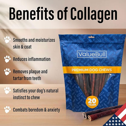 ValueBull USA Collagen Sticks for Dogs, 12 Inch Thick Chews, Natural Long-Lasting Dog Treats, 50 Count Bulk Pack - Promotes Joint, Skin & Coat Health with Glucosamine and Chondroitin