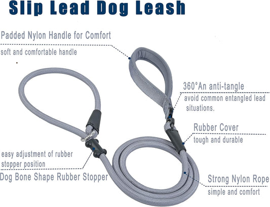 Slip Lead Dog Leash,Strong Nylon Rope Leash and Padded Handle,No Pull Outdoor Walking Training Lead for Small Medium Large Dogs(Grey, 1/2"×6ft)