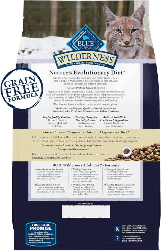 Blue Buffalo Wilderness Natural Mature Dry Cat Food for Cats 7+ Years, High-Protein and Grain-Free Diet, Supports Immune System Health and Energy to Stay Active, Chicken, 5-lb. Bag
