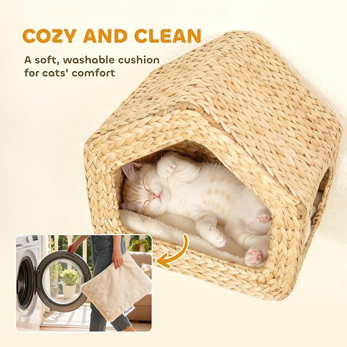 PawHut Wall Mounted Cat House, Cat Wall Condo Furniture with Washable Cushion, Kitty Shelf Bed for Indoor Cats Kittens, Natural