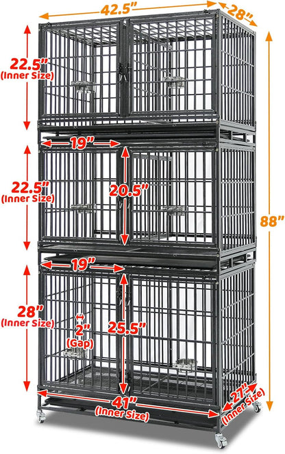 Homey Pet 43 Inch Stackable Heavy Duty Dog Crate Cage Kennel with Lockable Wheels, Removable Tray & Grid, Divider, Feeding Bowls, Escape Proof Drop Cage Bank for Small Medium Large Sized Dogs(3 Tiers)