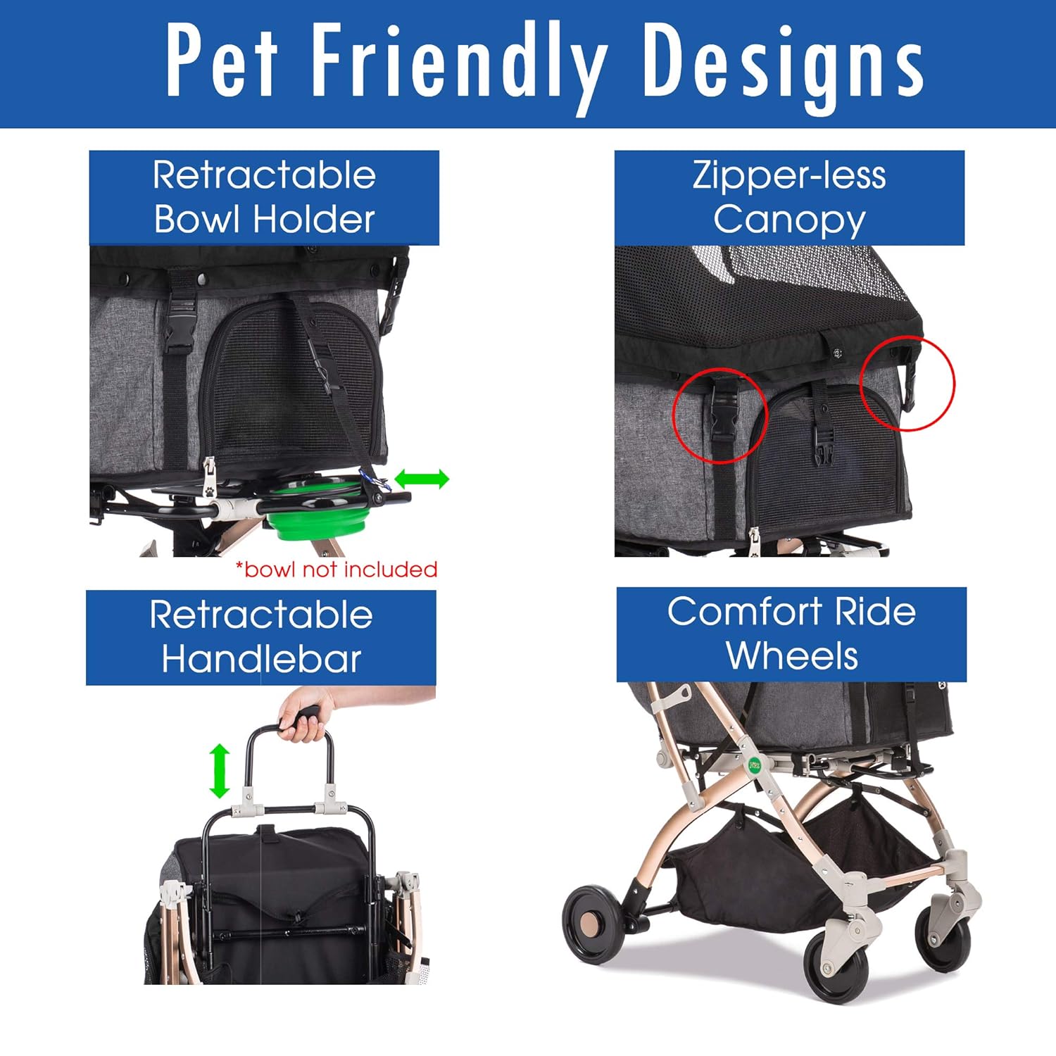Lite Premium Light-Weight Dog/Cat/Pet Stroller Travel Carriage with Convertible Compartment/Zipper-Less Entry/1-Hand Quick Fold/Aluminum Frame for Small & Medium Pets (Black 2nd-Gen.) - Pawvie