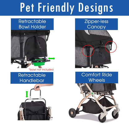Lite Premium Light-Weight Dog/Cat/Pet Stroller Travel Carriage with Convertible Compartment/Zipper-Less Entry/1-Hand Quick Fold/Aluminum Frame for Small & Medium Pets (Black 2nd-Gen.) - Pawvie