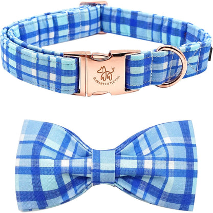 Elegant little tail Dog Collar with Bow - Blue Plaid Boy Dog Collar Cute Bowtie Pet Collar Adjustable Dog Collar for Small Puppy and Dog