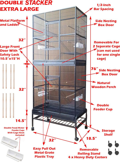 Extra Large Double Stacker Breeding Flight Bird Wrought Iron Separate Parrot Bird Cage Side Nesting Box Doors Easy Clean Pull Out Metal Grate Tray and Removalbe Rolling Stand
