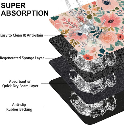 Boho Floral Pet Feeding Mat for Floors-Absorbent Dog Bowl Mat for Food and Water, Quick Dry Pet Cat Feeding Mats with Non Slip Bottom, Mess-Free Dog Accessories 12"x20"