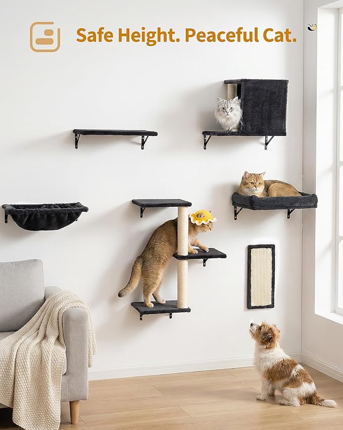 Cat Wall Shelves with Vertical Cat Scratcher, 17" × 11.9" Large Perch Bed and Hammock for Large Adult Cats, 6-in-1 Heavy Duty Cat Furniture Set for Indoor Cats