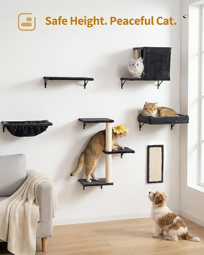 Cat Wall Shelves with Vertical Cat Scratcher, 17" × 11.9" Large Perch Bed and Hammock for Large Adult Cats, 6-in-1 Heavy Duty Cat Furniture Set for Indoor Cats
