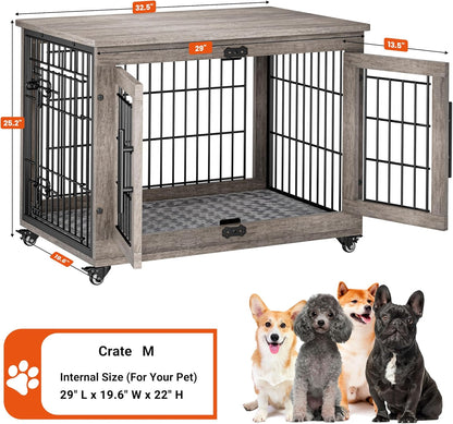 Lulive Dog Crate Furniture for Medium Dogs, 32'' Dog Kennel Indoor with Cushion & Wheels Wooden Dog Cage Double Doors Dog Crate End Table, Grey