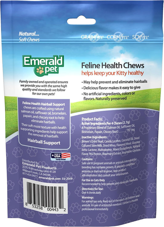 Emerald Pet Feline Health Chews Hairball Support — Natural Grain Free Feline Hairball Control Chews — Hairball Control Cat Supplements for Hairball Prevention and Elimination — Made in USA, 2.5 oz