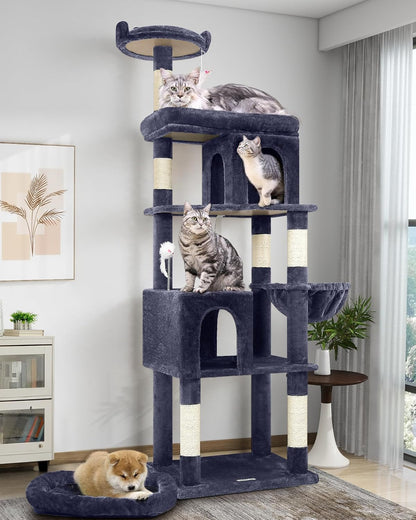 Globlazer Heavy Duty Cat Trees for Large Cats, Sturdy 72in Maine Coon Cat Tree for Large Cats 20 lbs+ Heavy Duty Cat Tower for Adult Biggest Cat with 6 Scratching Posts, Hammock, S72, Smoky Gray