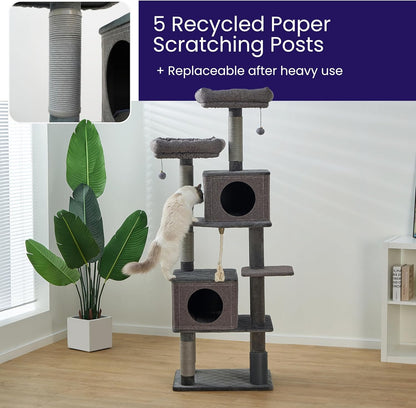 Catry® Stella 7-Level 67.5” Linen & Quilted Velvet Cat Tree with Recycled Paper Scratchers, Two Condos, Removable Beds, Toys, Easy to Clean, Ideal for Large Cats and Multi-Cat Homes (Zinc Gray)