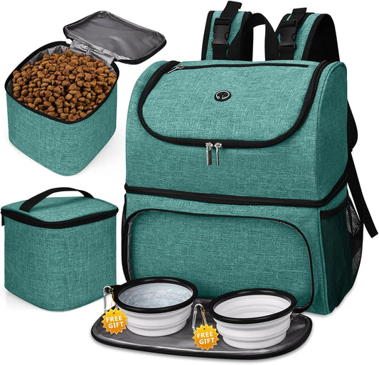 BAGLHER Pet Travel Bag, Double-Layer Pet Supplies Backpack (for All Pet Travel Supplies), Pet Travel Backpack with 2 Silicone Collapsible Bowls and 2 Food Baskets Green - Pawvie