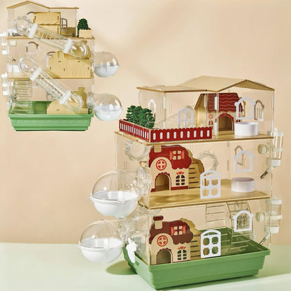 17 in 1 Clear Acrylic Hamster Cage with All Accessories,13.5''L* 10''W* 21''H Dwarf Hamster Cage,Magnetic Connection Small Hamster Enclosure,Garden Style Wooden Pet Mouse Cage for Pet Mice(3-Layer)