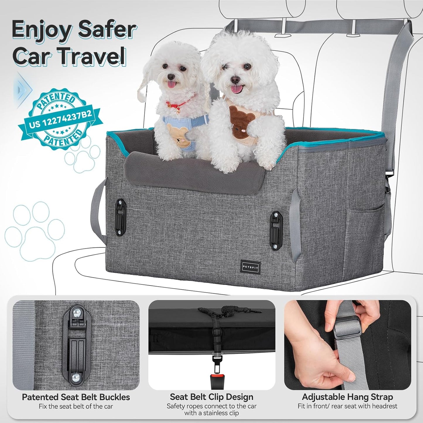 PETSFIT Dog Booster Car Seat for Small/Medium Dogs, Dog Car Seat for Medium Sized Dog with 2 Clip-On Safety Leashes and Patented Buckles, Pet Car Seat with Storage Pockets for Pets Under 45Lbs (Grey) - Pawvie