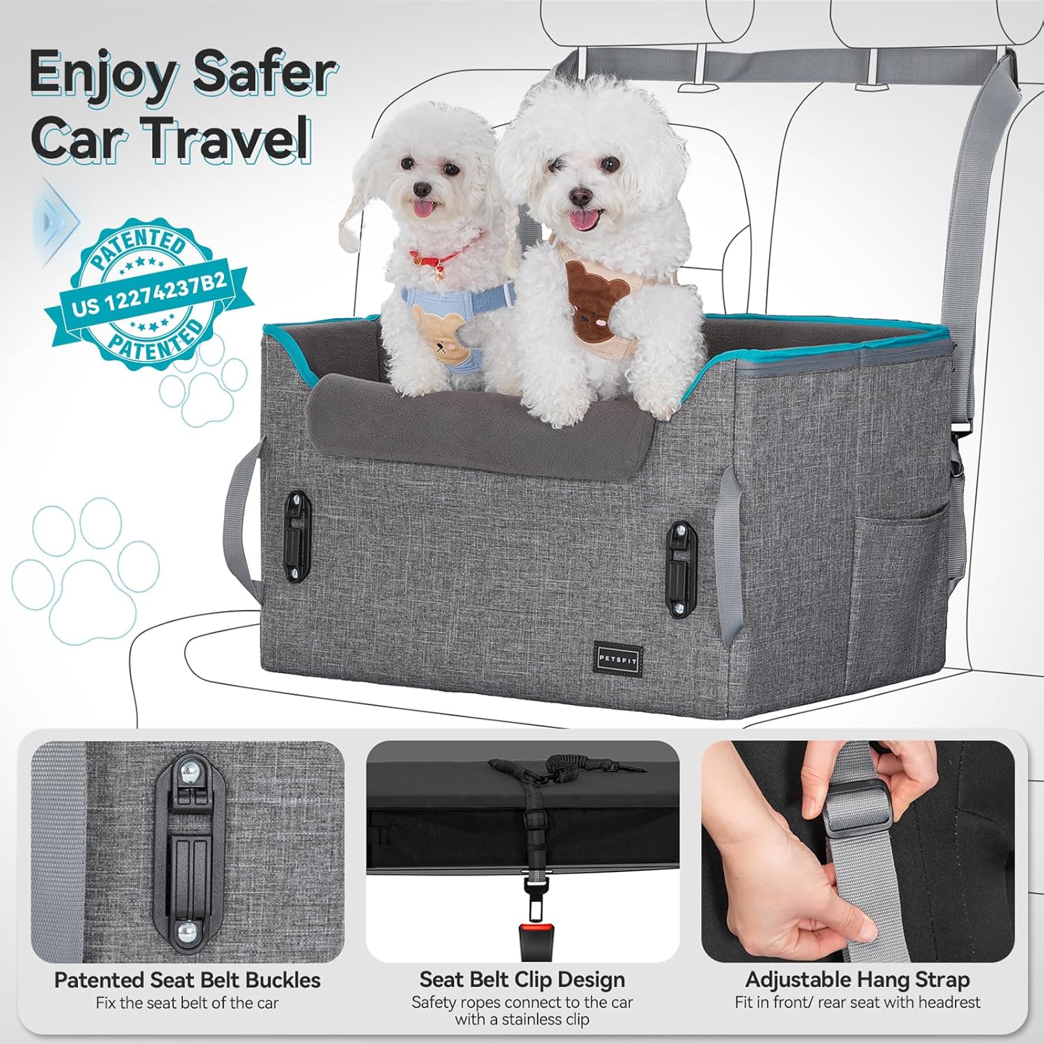 PETSFIT Dog Booster Car Seat for Small/Medium Dogs, Dog Car Seat for Medium Sized Dog with 2 Clip-On Safety Leashes and Patented Buckles, Pet Car Seat with Storage Pockets for Pets Under 45Lbs (Grey) - Pawvie