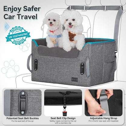 PETSFIT Dog Booster Car Seat for Small/Medium Dogs, Dog Car Seat for Medium Sized Dog with 2 Clip-On Safety Leashes and Patented Buckles, Pet Car Seat with Storage Pockets for Pets Under 45Lbs (Grey) - Pawvie